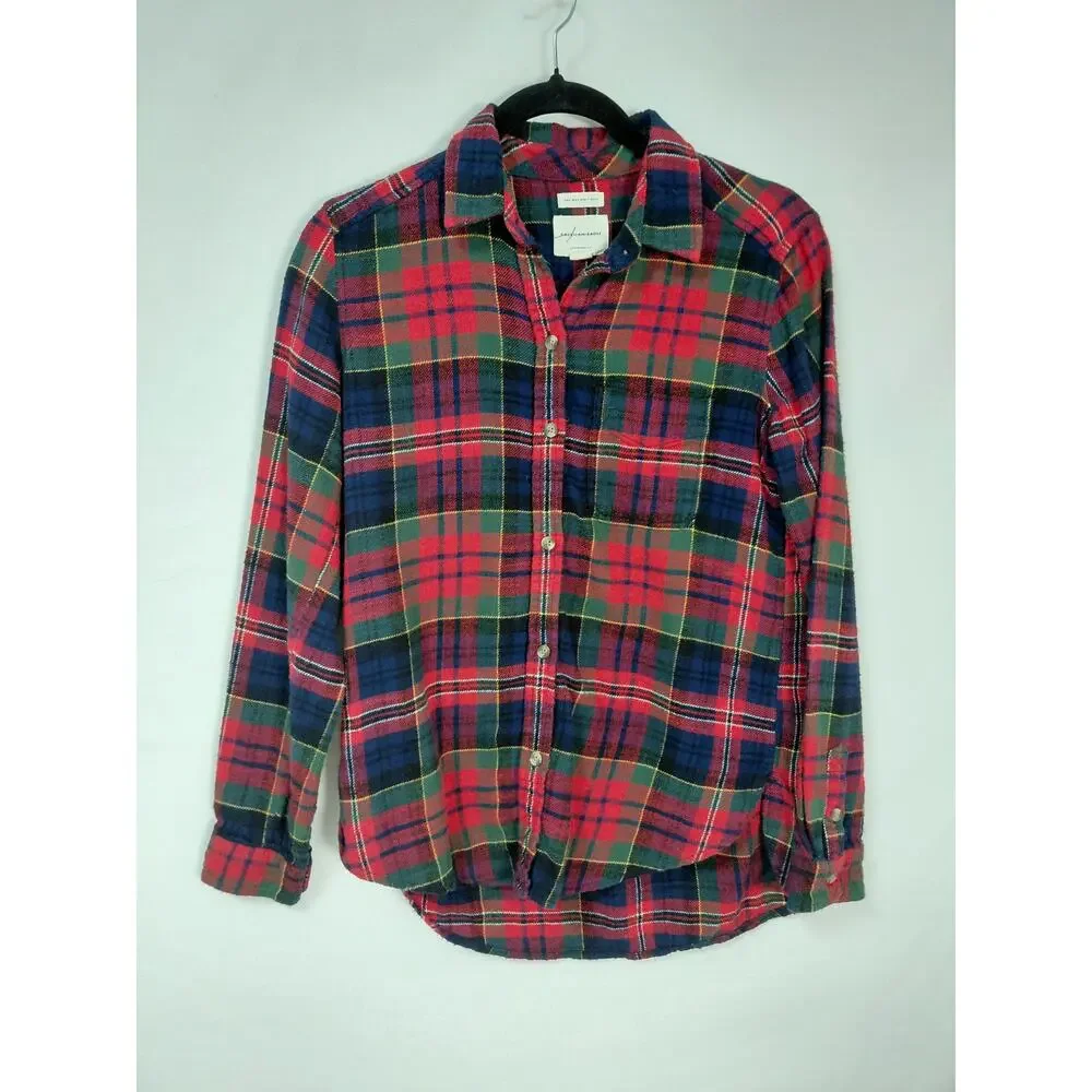 American Eagle Boyfriend Red Plaid Button-Up Shirt Women Size XS
